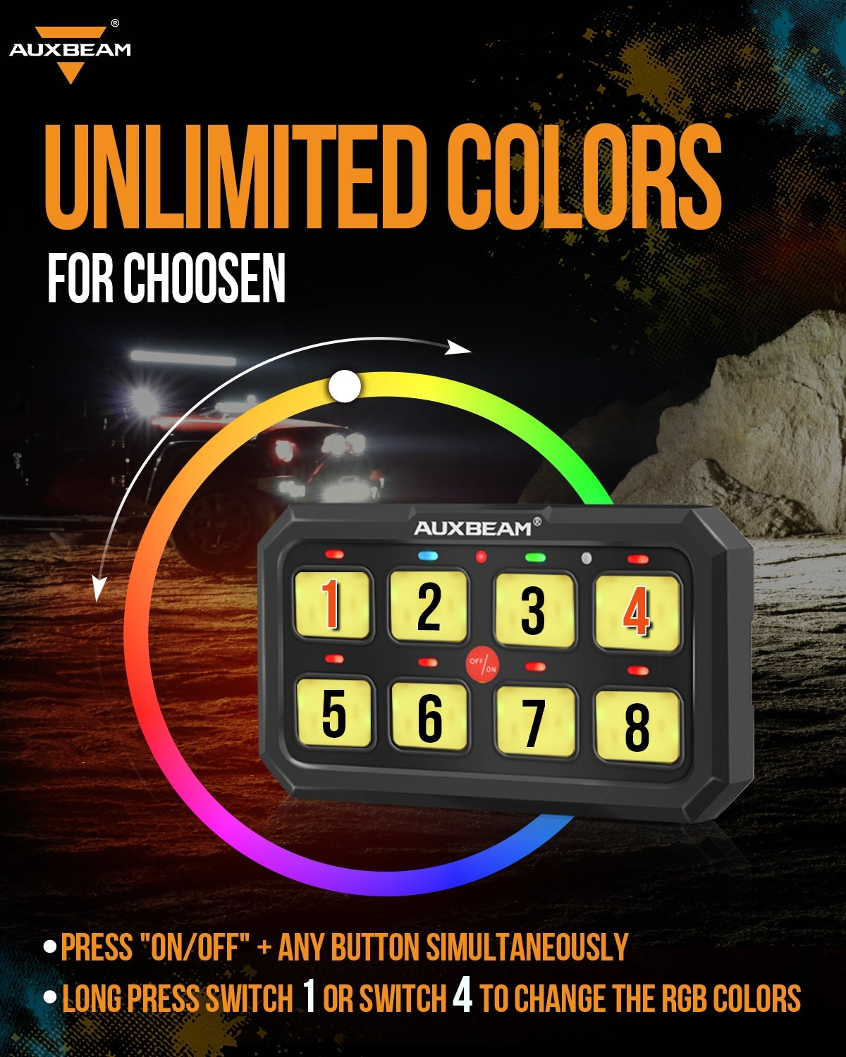 RA80 XL RGB 8 Gang Switch Panel Toggle/ Momentary/ Pulsed Modes, Off Road Lights Controller