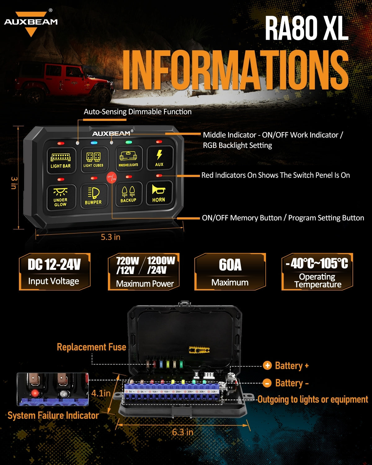 RA80 XL RGB 8 Gang Switch Panel Toggle/ Momentary/ Pulsed Modes, Off Road Lights Controller