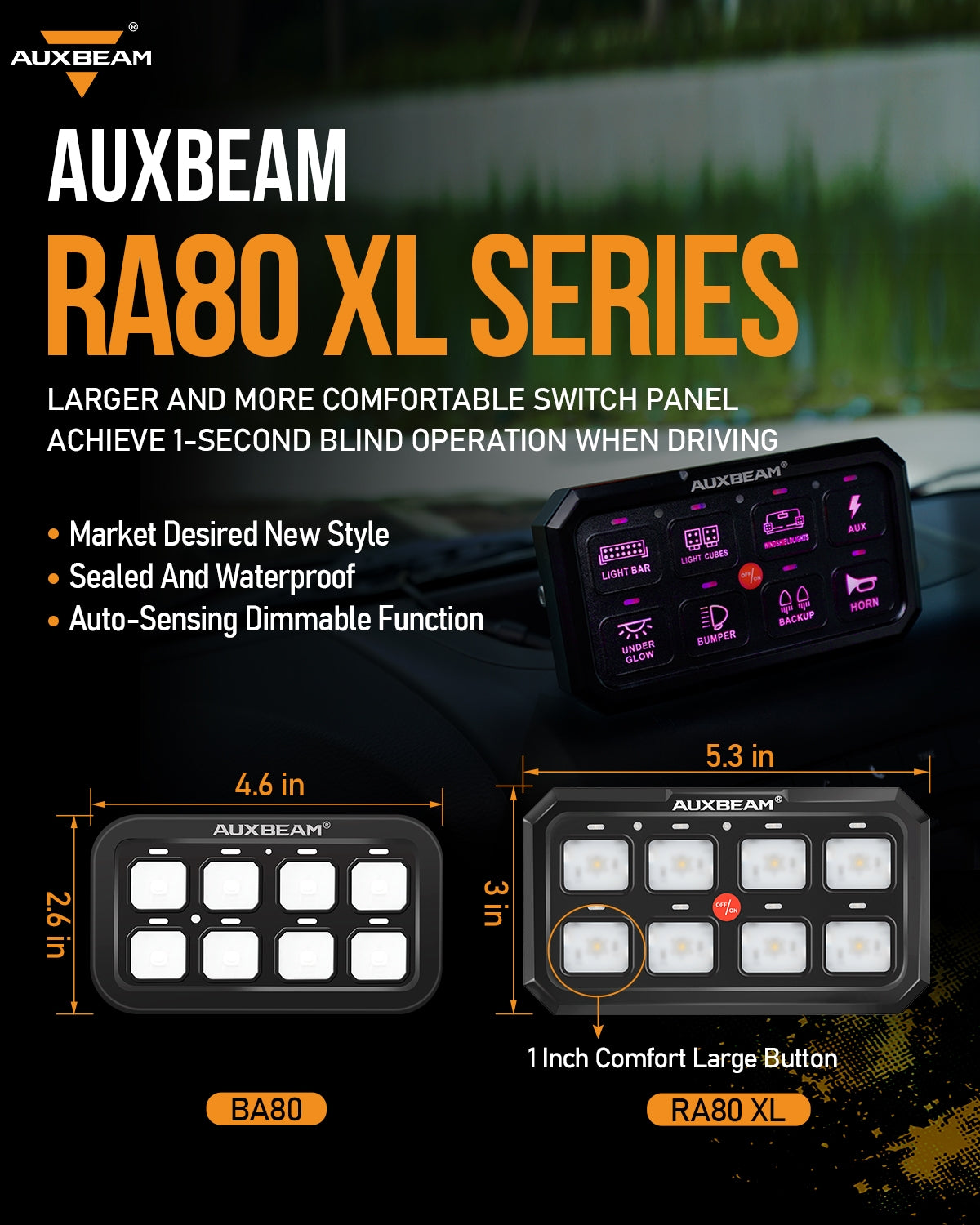 RA80 XL RGB 8 Gang Switch Panel Toggle/ Momentary/ Pulsed Modes, Off Road Lights Controller