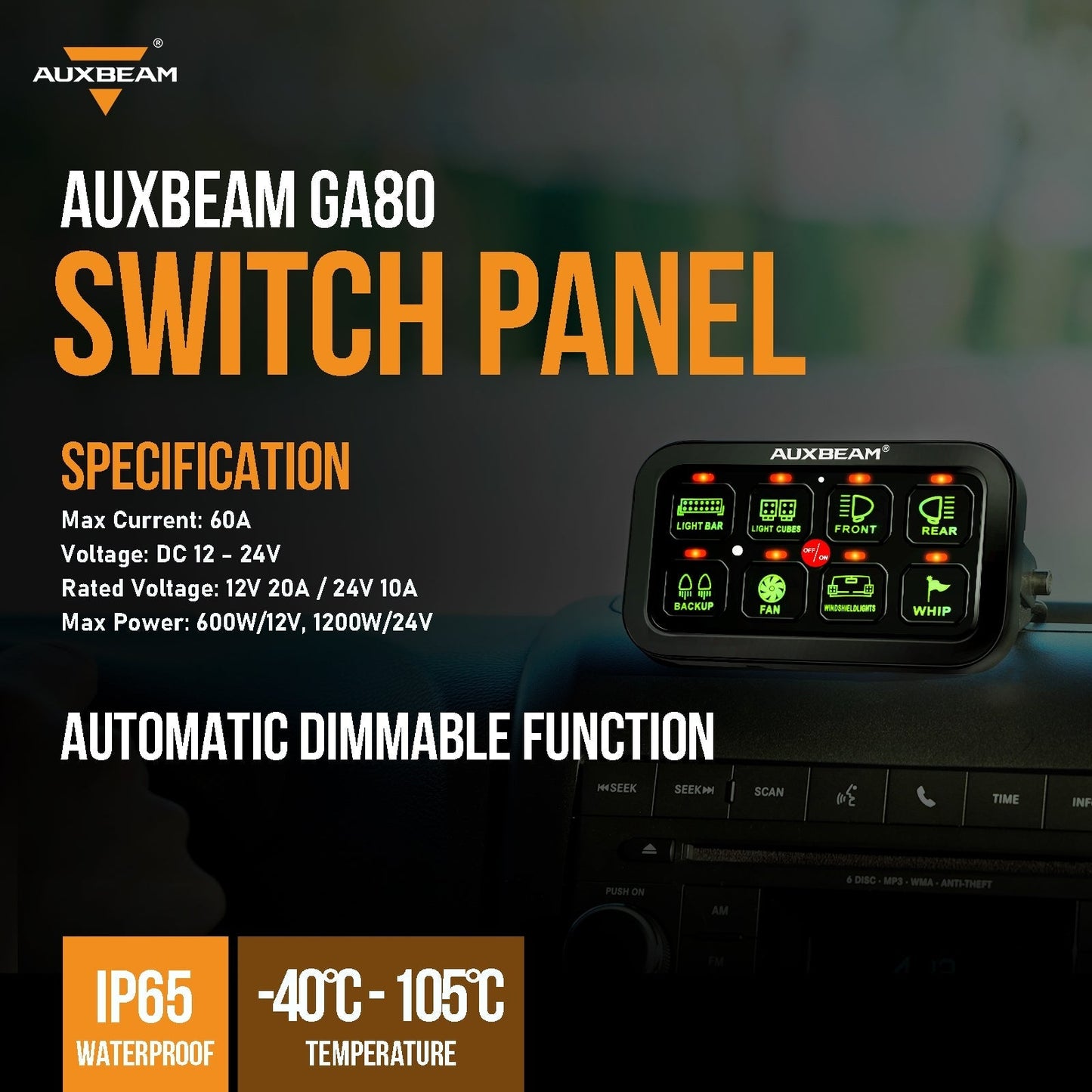 GA80 8 Gang LED Switch Panel Kit Automatic Dimmable Universal(One-Sided Outlet) Green